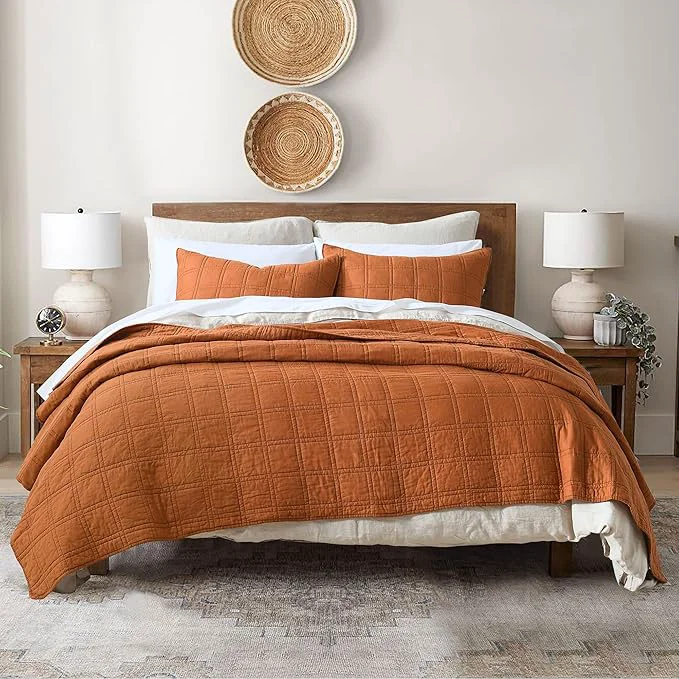 Soft HORIMOTE HOME Cotton Quilt King Size Burnt Orange Bedspread Pre-Washed 3-Piece Cozy Lightweight Decorative Bedding Cover Coverlet Set with 2 Shams in Geometric Pattern for All Season Pure