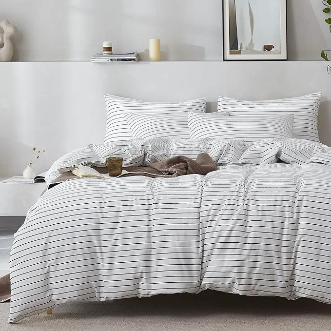 Genuine JELLYMONI Natural Cotton 3pcs Striped Duvet Cover Sets White Duvet Cover with Thin Black Stripes Pattern Printed Comforter Cover with Zipper Closure amp Corner Ties King Size Selected
