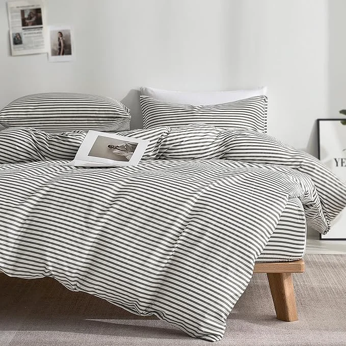 Smooth JELLYMONI Natural Cotton 3pcs Striped Duvet Cover Sets White Duvet Cover with Grey Stripes Pattern Printed Comforter Cover with Zipper Closure amp Corner Ties Cal King Size Detailed