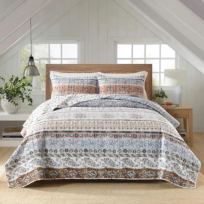 Traditional Boho Style Twin Size Quilt Set Mocha Brown Bohemian Floral Strip Quilt Beddding Set Soft and Lightweight Bedspread for All Season XL Twin Bed Coverlet with 1 Matching Pillow Sham 2 Pieces Convenient