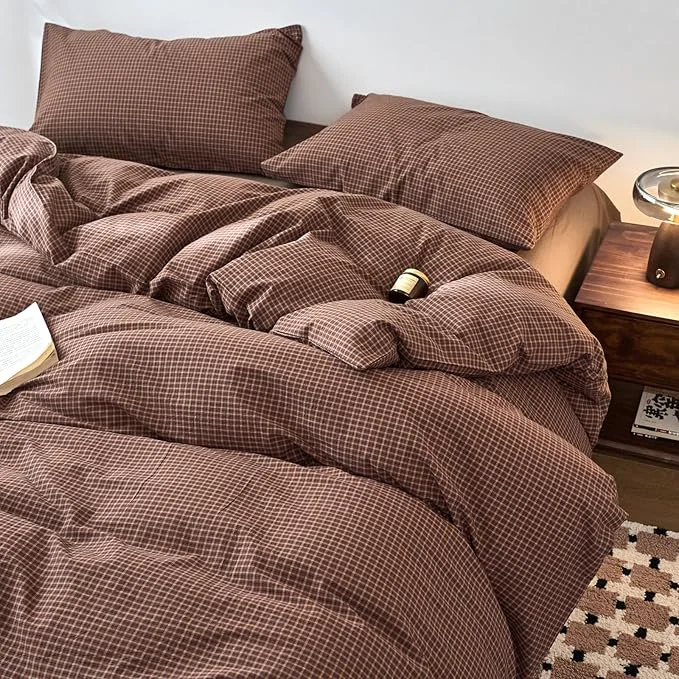 Convenient Gingham King Bed Duvet Cover Brown Washed Cotton King Comforter Cover Plaid Checkered Boho Zipper Duvet Cover Set with Corner Ties Farmhouse Dorm Bedding Set Caramel Duvet Protector First-Class
