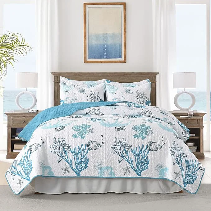 Dependable HORIMOTE HOME Coastal Quilt Bedding Set King Size Reversible Blue Summer Beach Quilt Lightweight Ocean Nautical Comforter Tropical Bedspread Coverlet with 2 Pillow Shams for All Seasons 106 quot x96 quot Trendy