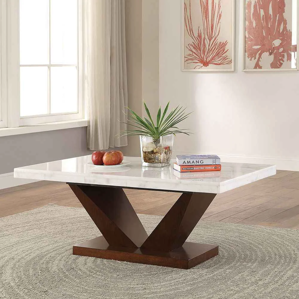 Exceptional Forbes – Coffee Table – White Natural Marble Top amp Walnut Smart