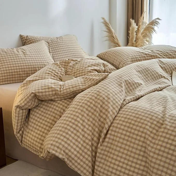Top-Quality Light Brown Gingham Twin Size Duvet Cover Tan Washed Cotton Comforter Cover Twin Soft Checkered Plaid Zipper Duvet Cover Set with Corner Ties Boho Teenage Bedding Set Farmhouse Duvet Protector Fast