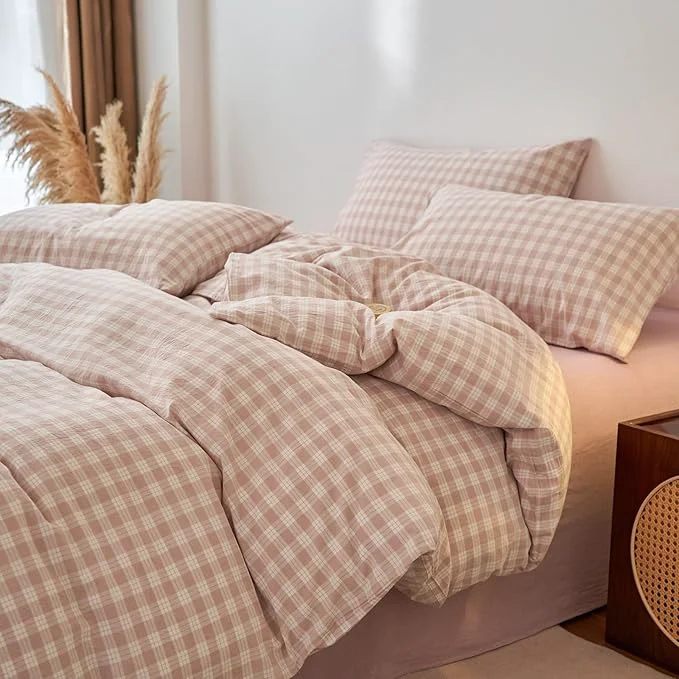 Crafted Pink Gingham Twin Duvet Covers Washed Cotton Boho Comforter Cover Twin Checkered Plaid Lightweight Cute Duvet Cover Set with Hidden Zipper Cozy Teen Bedding Set for Girls Duvet Protector Modern