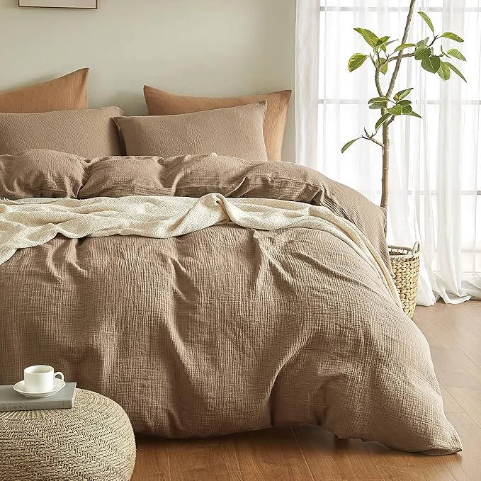 Classic SE SOFTEXLY Muslin Duvet Cover Queen Size Washed Cotton Duvet Cover Set Ultra Soft Comforter Cover Linen Like 3 Pieces Minimalist Gauze Duvet Cover with 2 Pillowcases 90 quot x90 quot Light Brown Crafted