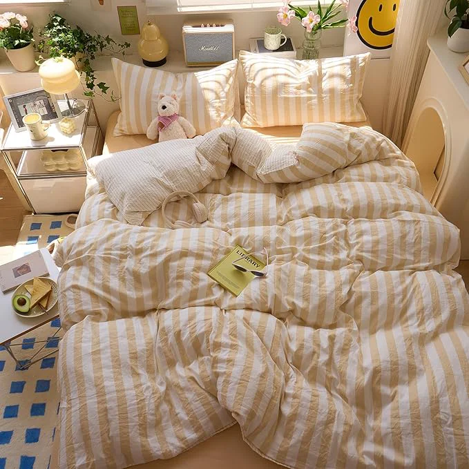 Comfortable Salmon Pink Striped Duvet Cover Set Twin XL Hotel Pattern Comforter Cover Twin XL Boho Cute Dorm Cozy Duvet Cover with 2 Pillow Cases Neutral Teen Girl Bedding Washed Microfiber Duvet Protector Versatile