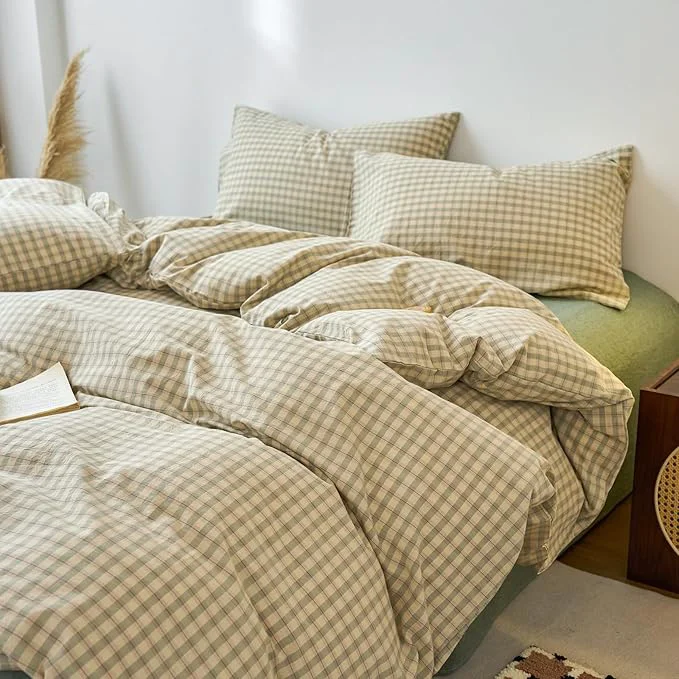 Solid Green Gingham Duvet Covers Full Washed Cotton Plaid Comforter Cover Full Sage Green Boho Pattern Zipper Duvet Cover Set with 2 Pillow Cases Cute Checkered Bedding Set Vintage Duvet Protector Certified