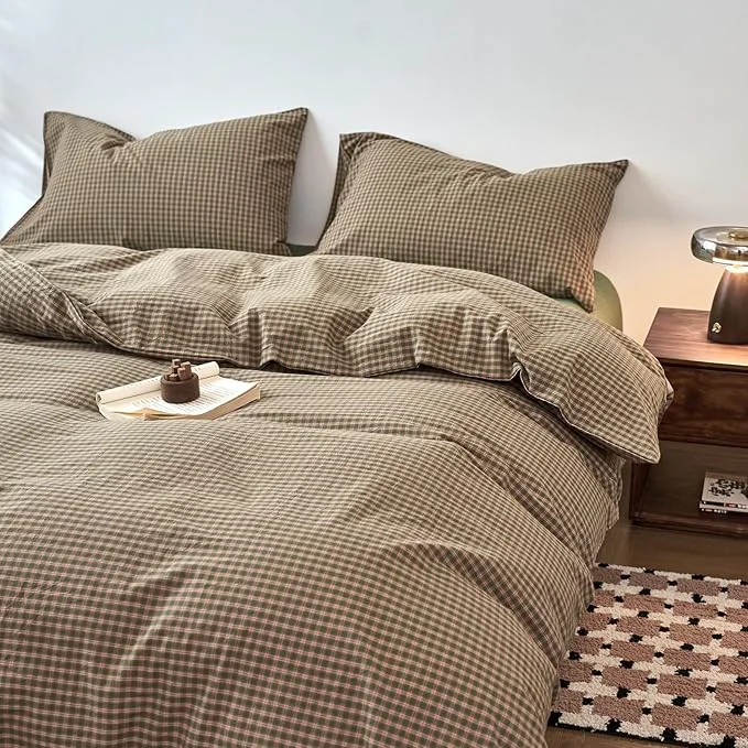 Solid Gingham Duvet Cover King Size Sage Green Washed Cotton King Size Comforter Cover Plaid Checkered Country Zipper Duvet Cover Set with Corner Ties Boho Soft Bedding Set for Boys Duvet Protector Classic