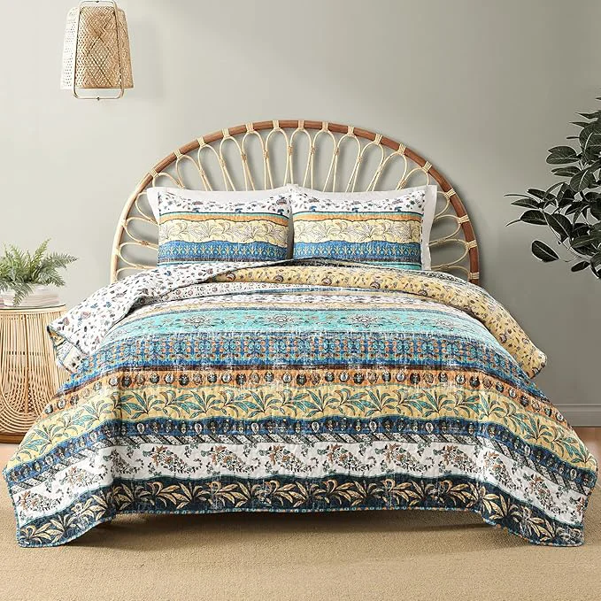 First-Class Boho Style King Quilt Set Yellow Bohemian Floral Strip Quilt Beddding Set Soft and Lightweight Bedspread for All Season Oversize King Bed Coverlet with 2 Matching Pillow Shams 3 Pieces Healthy