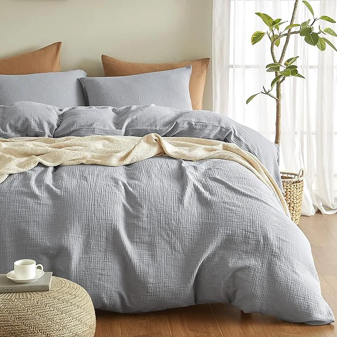 Smart SE SOFTEXLY Muslin Duvet Cover King Size Washed Cotton Duvet Cover Set Ultra Soft Comforter Cover Linen Like 3 Pieces Minimalist Gauze Duvet Cover with 2 Pillowcases 90 quot x104 quot Light Grey Crafted