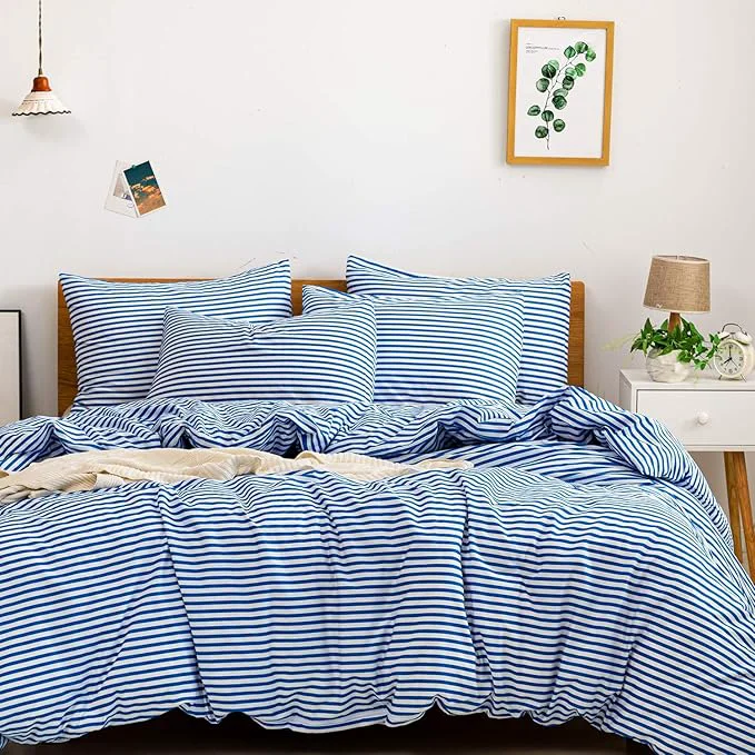 Stylish JELLYMONI Natural Cotton 3pcs Striped Duvet Cover Sets White Duvet Cover with Blue Stripes Pattern Printed Comforter Cover with Zipper Closure amp Corner Ties Full Size Fast