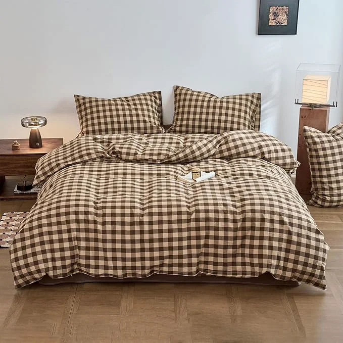Fine Crafted Checkered Twin XL Duvet Cover Tan Brown Washed Cotton Comforter Cover Twin XL Boho Gingham Cute Rustic Duvet Cover Set with Hidden Zipper Vintage Buffalo Plaid Bedding Set Soft Duvet Protector Top-Quality