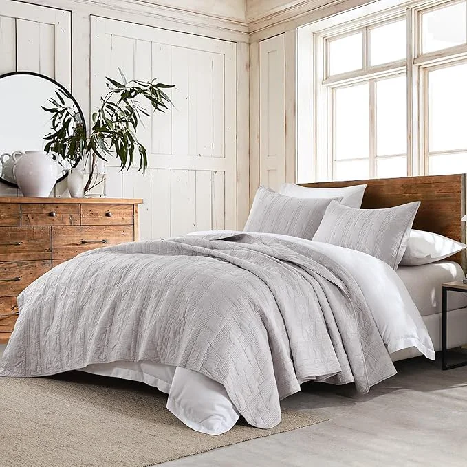 HORIMOTE HOME Cotton Quilt Set King Size Light Grey Pre-Washed Bedspread Coverlet Set Cozy Lightweight Stitching Decorative Bedding Cover with 2 Shams in Geometric Pattern for All Season Specialty