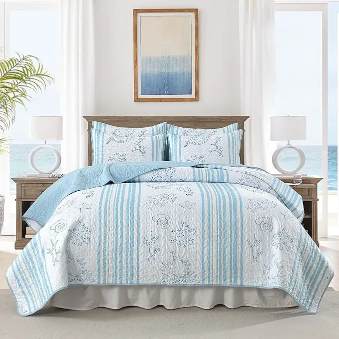 Detailed HORIMOTE HOME Coastal Quilt Bedding Set King Size Striped Blue Summer Beach Quilt Lightweight Ocean Nautical Comforter Tropical Bedspread Coverlet with 2 Pillow Shams for All Seasons 106 quot x96 quot Secure