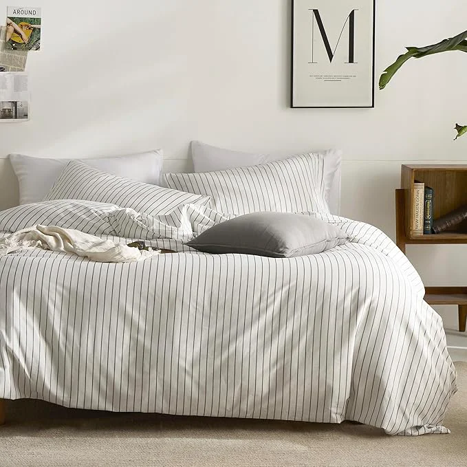 Secure JELLYMONI Striped Duvet Cover Set – Twin Size Cotton – 2PCS White amp Grey Vertical Stripes Bedding – Hidden Zipper Closure amp 8 Corner Ties – Breathable Comforter Cover for Bedroom Clean