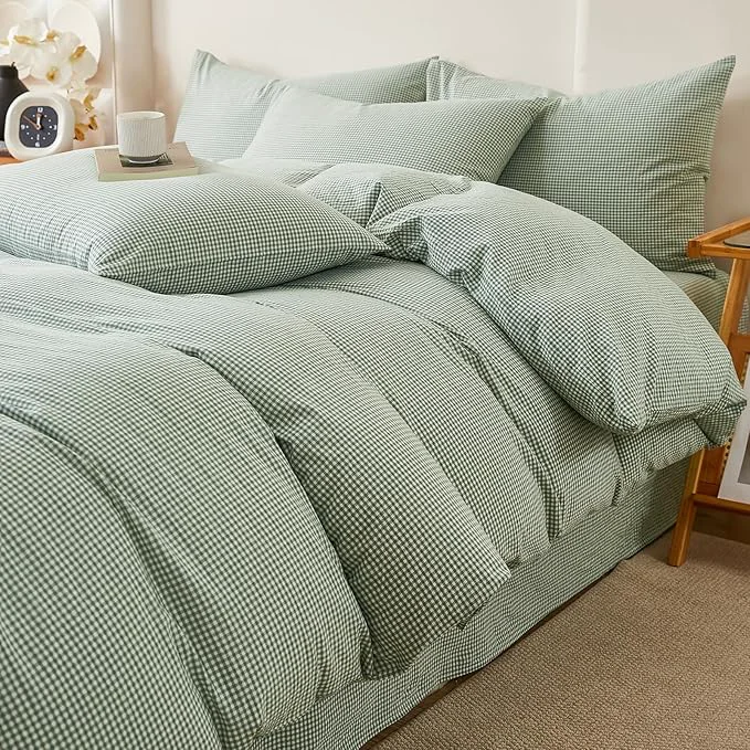 Genuine Sage Green Gingham Duvet Cover Full Washed Cotton Plaid Comforter Cover Full Size Boho Farmhouse Soft Breathable Duvet Cover Set with Zipper Checkered Patterned Bedding Set Cute Duvet Protector Superior