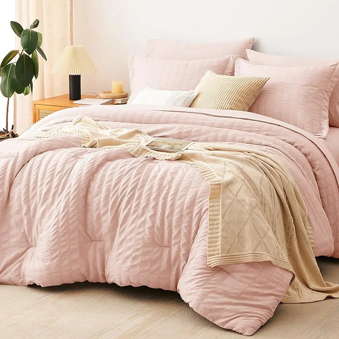Artisan CozyLux Full Size Comforter Sets with Sheets 7 Pieces Blush Pink Seersucker Bed in a Bag Textured Luxury Soft Bedding Sets with Down Comforter Sheets Pillowcases amp Shams for All Seasons First-Class