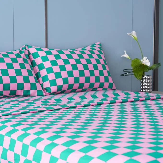Modern Season Bed Sheet Set 4 Piece -Full Size-Soft Durable Microfiber Bedding Sheet Set Deep Pocket Stain Fade amp Wrinkle Resistant Plaid Pink amp Green Original