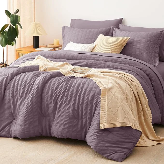 Reusable CozyLux King Size Comforter Set Dusty Purple Seersucker 7 Pieces Bed in a Bag King Comforter Set with Sheets Grayish Purple Luxury Bedding Set Down Comforter Sheets Pillowcases amp Shams Soft