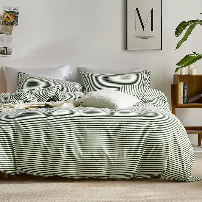 Breathable JELLYMONI Natural Cotton Striped Duvet Cover Sets White Duvet Cover with Green Stripes Pattern Printed Comforter Cover with Zipper Closure amp Corner Ties Twin 66×92 Inch Advanced