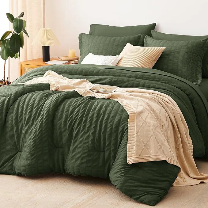 High-Grade CozyLux Oversized Queen Comforter Set Olive Green Seersucker 7 Pieces 98×98 Bed in a Bag Comforter Set with Sheets Luxury Soft Bedding Set with Down Comforter Sheets Pillowcases amp Shams Lightweight