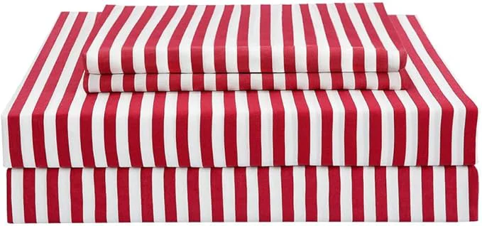 Clean Season Ticking Stripe Sheet Set 3 Piece Twin Size Microfiber Bedding Burgundy Red and White Pinstripe Patterned Deep Pocket Consistent