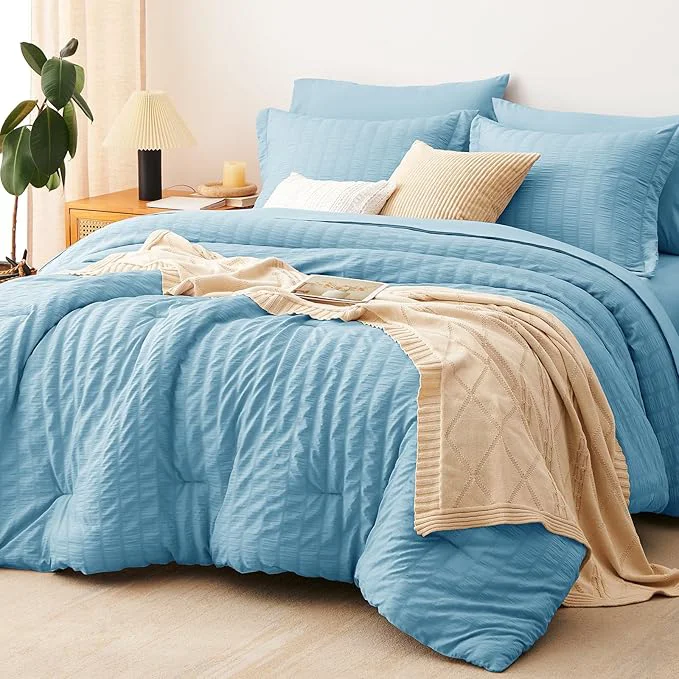 Lightweight CozyLux Full Size Comforter Sets with Sheets 7 Pieces Sky Blue Seersucker Bed in a Bag Textured Luxury Soft Bedding Set with Down Comforter Sheets Pillowcases amp Shams for All Season Effective