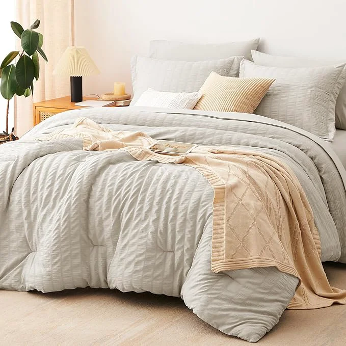 Crafted CozyLux Full Size Comforter Sets with Sheets Seersucker 7 Pieces Beige Bed in a Bag Textured Luxury Soft Bedding Set with Down Comforter Sheets Pillowcases amp Shams for All Seasons Original