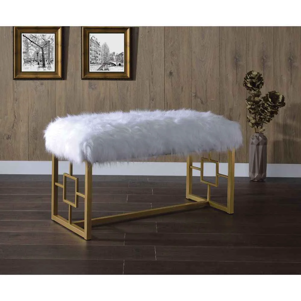Fine Bagley II – 21 quot Bench – White Faux Fur amp Gold Next-Generation