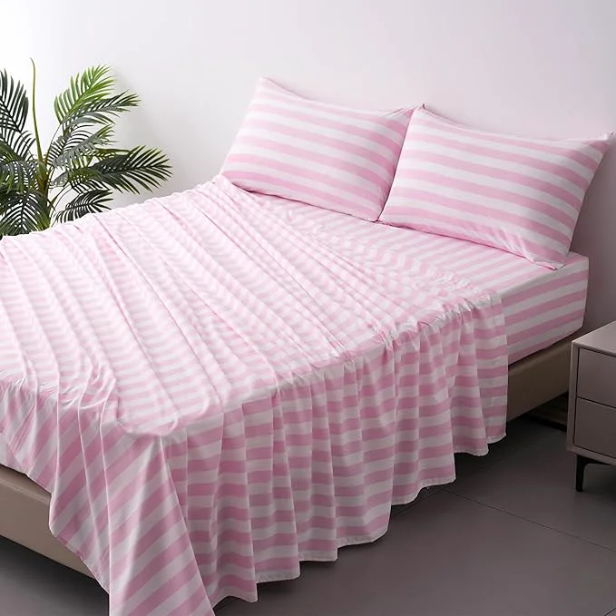 Organic Season Bed Sheet Set 4 Piece -Full Size-Soft Durable Microfiber Bedding Sheet Set Deep Pocket Stain Fade amp Wrinkle Resistant Green and White Pinstripe Stripe Pink amp White Contemporary