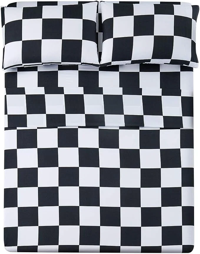 Exceptional Season Queen Size Sheet Set 4 Piece -Microfiber Soft Durable Bedding Sheet Set Deep Pocket Stain Fade amp Wrinkle Resistant Plaid Black amp White Professional