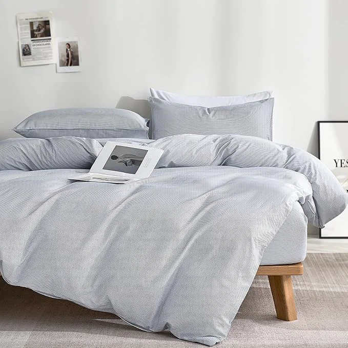 Dependable JELLYMONI Natural Cotton 3pcs Striped Duvet Cover Sets Blue Duvet Cover with Thin White Stripes Pattern Printed Comforter Cover with Zipper Closure amp Corner Ties Twin Size Exclusive