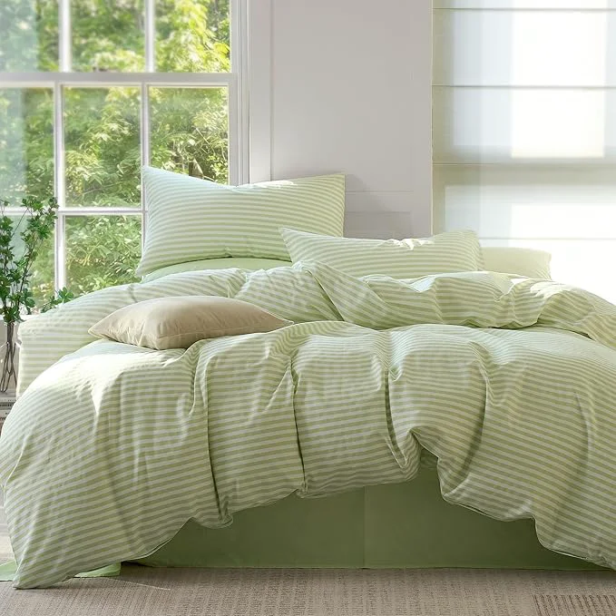 Recyclable JELLYMONI Striped Duvet Cover Set – Queen Size Comforter Cover Classic Sage Green amp White Stripes Cotton 3 Pcs Bedding with Zipper Closure amp 8 Corner Ties for Master or Guest Bedroom Safe