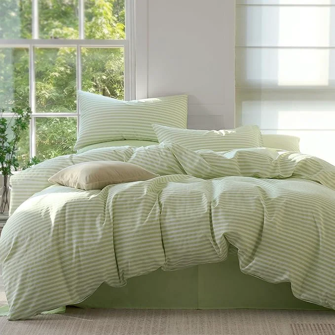 Clean JELLYMONI Striped Duvet Cover Set – King Size Comforter Cover Classic Sage Green amp White Stripes Cotton 3 Pcs Bedding with Zipper Closure amp 8 Corner Ties for Master or Guest Bedroom Innovative