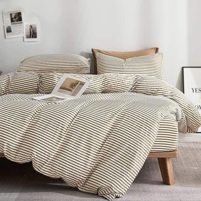 Organic JELLYMONI Oversized King Duvet Cover Set Cotton Duvet Cover 3 Pieces with Zipper Closure 1 Duvet Cover and 2 Pillowcases White with Khaki Striped High-Grade