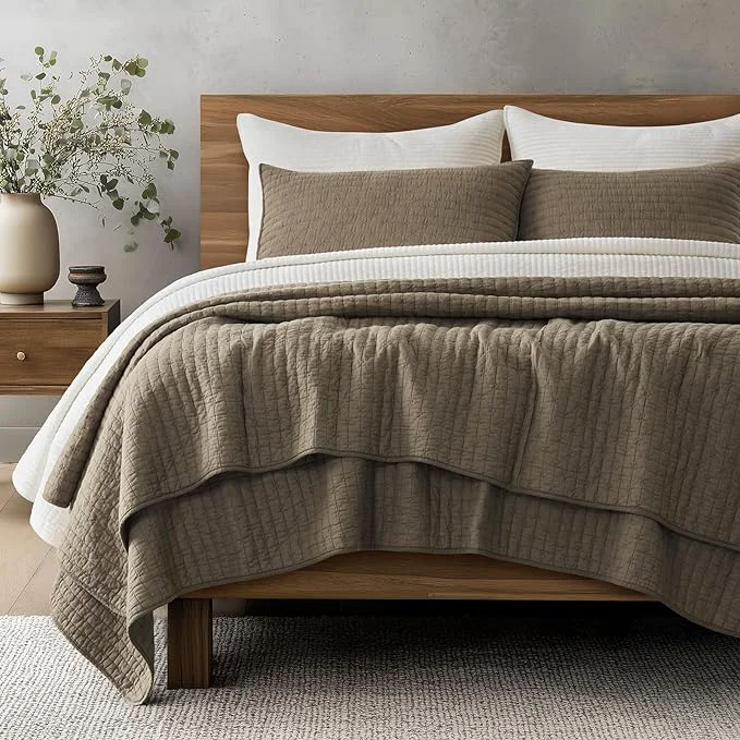Premium Material EVERGRACE Cross Stitch Pre-Washed Cotton Quilt Bedding Set King Size Oversized 3 Pieces Lightweight Bedspread Coverlet for All Season with 2 Matching Shams Mocha Brown 108 quot x96 quot Expertly Made