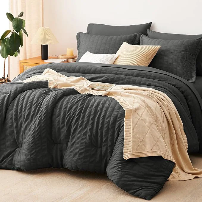 Relaxed CozyLux California King Comforter Set with Sheets 7 Pieces Dark Grey Seersucker Bed in a Bag Cal King Luxury Soft Bedding Sets with Down Comforter Sheets Pillowcases amp Shams Dark Gray Trusted