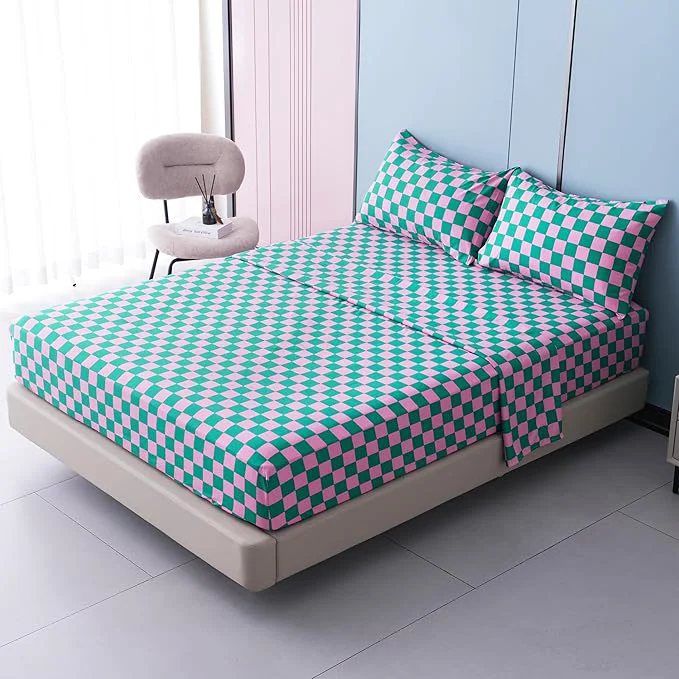 Selected Season Queen Size Sheet Set 4 Piece -Microfiber Soft Durable Bedding Sheet Set Deep Pocket Stain Fade amp Wrinkle Resistant Plaid Pink amp Green Certified