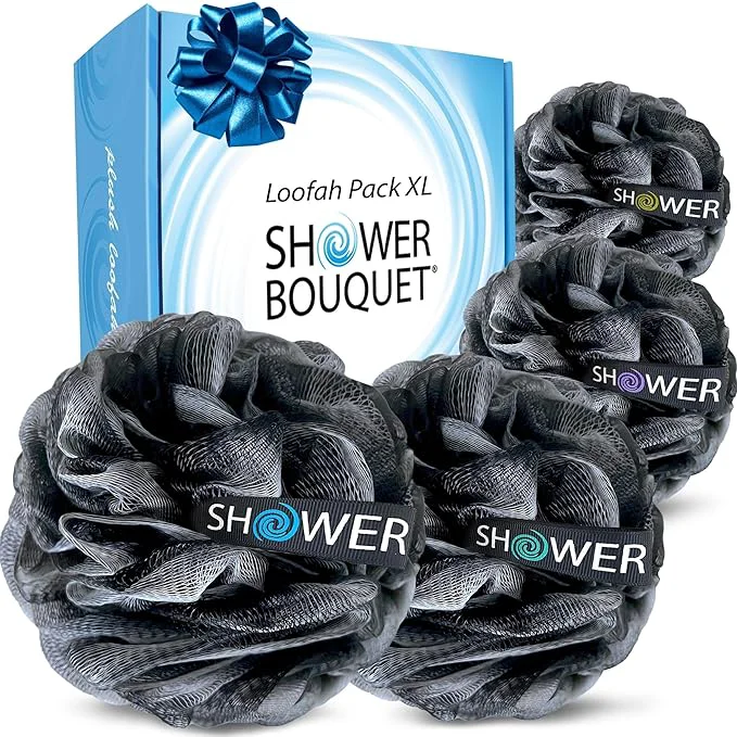 Original Design SHOWER BOUQUET Loofah-Charcoal Bath-Sponge-4-Pack Extra-Large 75g Soft Mesh Enhanced