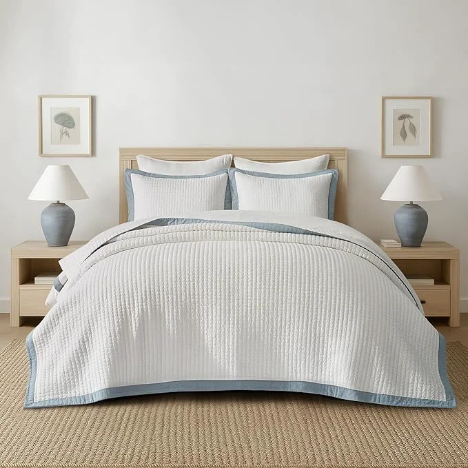 Advanced EVERGRACE Cotton Border Frame Tack-Stitch Quilt Bedding Set King Size Coastal Oversized 3 Pieces Lightweight Bedspread Coverlet for All Season with 2 Matching Shams Blue Linen Minimalist