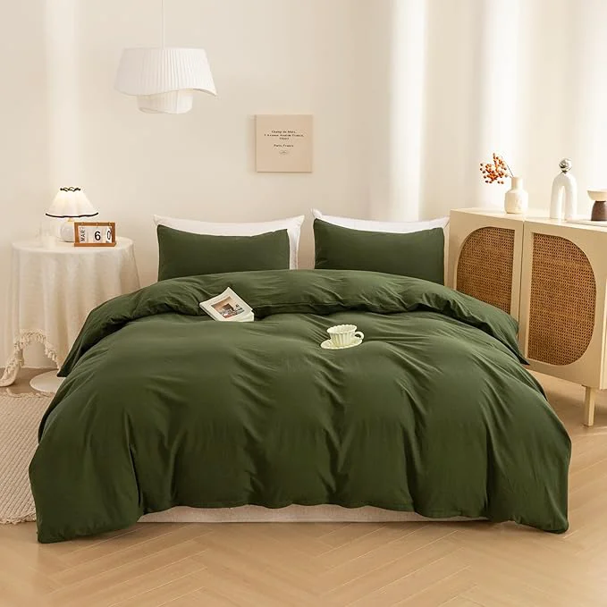 Relaxed ECOCOTT 3 Pieces Duvet Cover Queen Size Washed Cotton 1 Duvet Cover with Zipper and 2 Pillowcases Ultra Soft and Easy Care Breathable Cozy Simple Style Bedding Set Avocado Green Enhanced