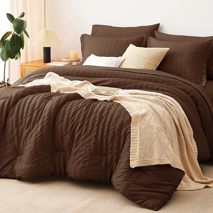 Safe CozyLux Oversized Queen Comforter Set Brown Seersucker 7 Pieces 98×98 Bed in a Bag Comforter Set with Sheets Luxury Soft Bedding Sets with Down Comforter Sheets Pillowcases amp Shams Verified