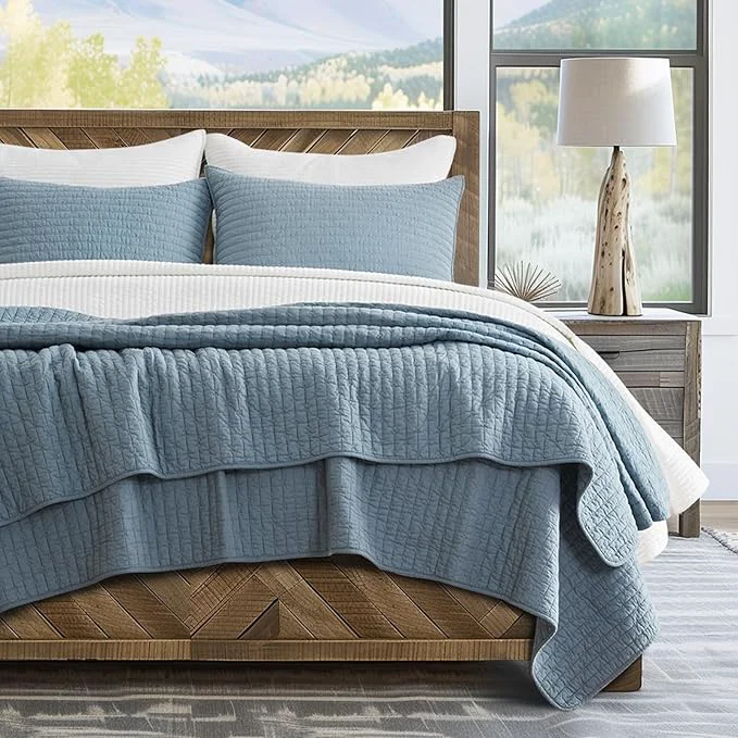 Detailed EVERGRACE x Kinsey Walsh Cross Stitch Pre-Washed Cotton Quilt Bedding Set Queen Size Oversized 3 Pieces Lightweight Bedspread Coverlet for All Season with 2 Matching Shams Dusty Blue 92 quot x96 quot Certified
