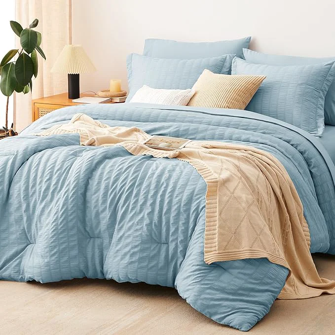 Next-Generation CozyLux King Size Comforter Set Light Blue Seersucker 7 Pieces Bed in a Bag King Comforter Set with Sheets Luxury Bedding Set with Down Comforter Sheets Pillowcases amp Shams All Seasons Secure