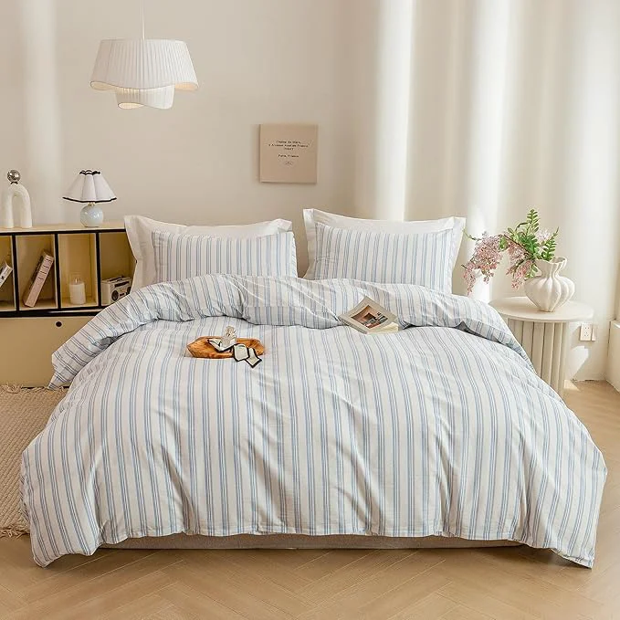 First-Class ECOCOTT Striped Duvet Cover King Size – Washed Cotton Linen Like Textured Breathable Durable Soft Comfy Bedding Set with Zipper Closure amp Corner Ties Detailed