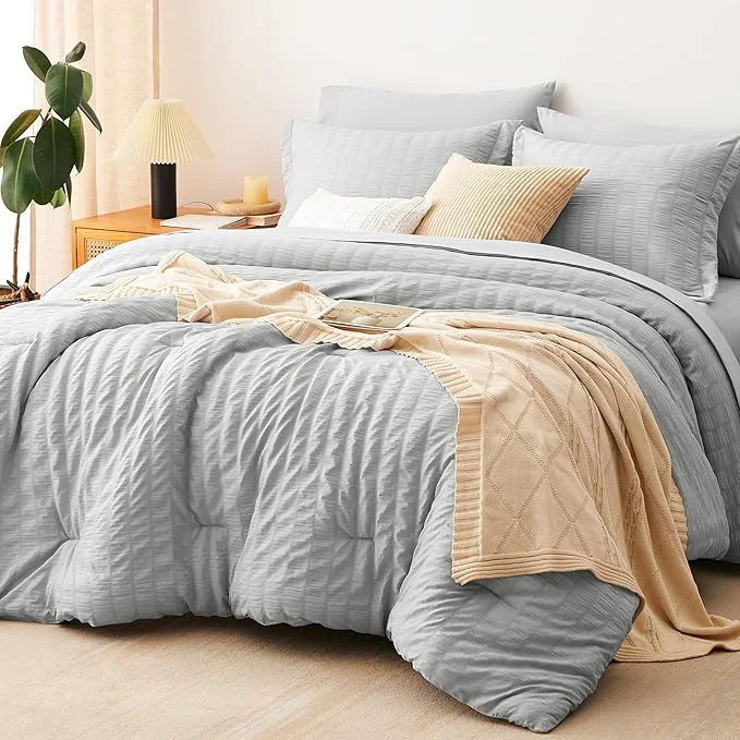 Expertly Made CozyLux Oversized King Comforter Set Light Grey Seersucker 7 Pieces 120×98 Bed in a Bag Comforter Set with Sheets Light Gray Luxury Bedding Set Down Comforter Sheets Pillowcases amp Shams Quality