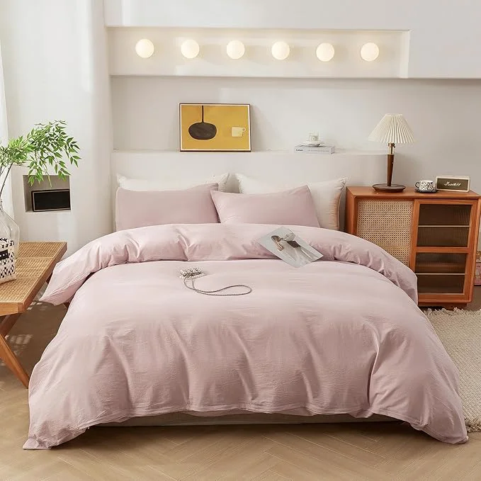 Trendy ECOCOTT Duvet Cover Oversized King Size – Washed Cotton Durable Soft Comfy Duvet Cover Set 3 Pieces Duvet Cover with Zipper Closure Greyish Pink Easy-to-Use