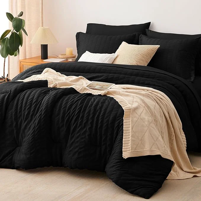 Fashionable CozyLux Oversized King Comforter Set Black Seersucker 7 Pieces 120×98 Bed in a Bag Comforter Set with Sheets Luxury Soft Bedding Sets with Down Comforter Sheets Pillowcases amp Shams Exceptional