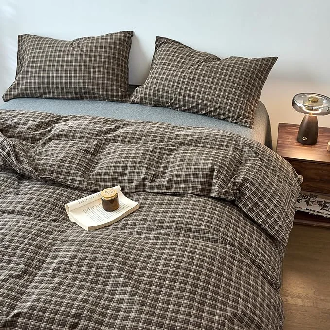 Responsible Plaid King Size Duvet Cover Set Brown Washed Cotton King Size Comforter Cover Soft Boho Pattern Taupe Duvet Cover Set with 2 Pillow Cases Checkered Zipper Bedding Set Farmhouse Duvet Protector Carefully Designed